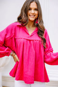 Rose Solid Color Gauze Collared Long Sleeve Top