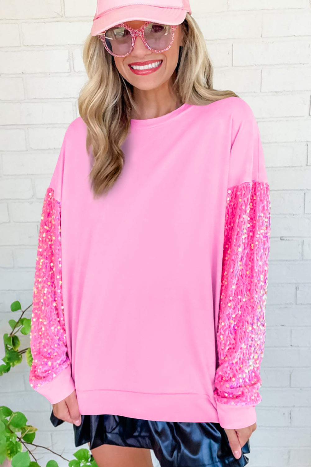 Pink Sequin Patchwork Long Sleeve Pullover Top