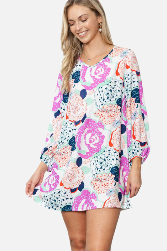 Multicolor Floral Print V Neck Bohemian Tunic Dress