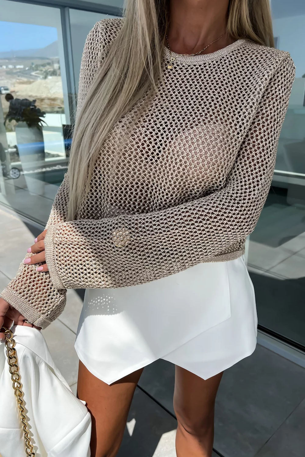 Khaki Solid Hollow-out Knit Long Sleeve Top