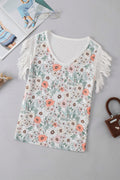 White Boho Floral Print Fringe Shoulder Sleeveless Shirt