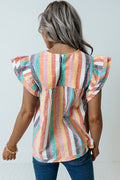 Multicolor Striped Back Button Keyhole Layered Sleeve Blouse