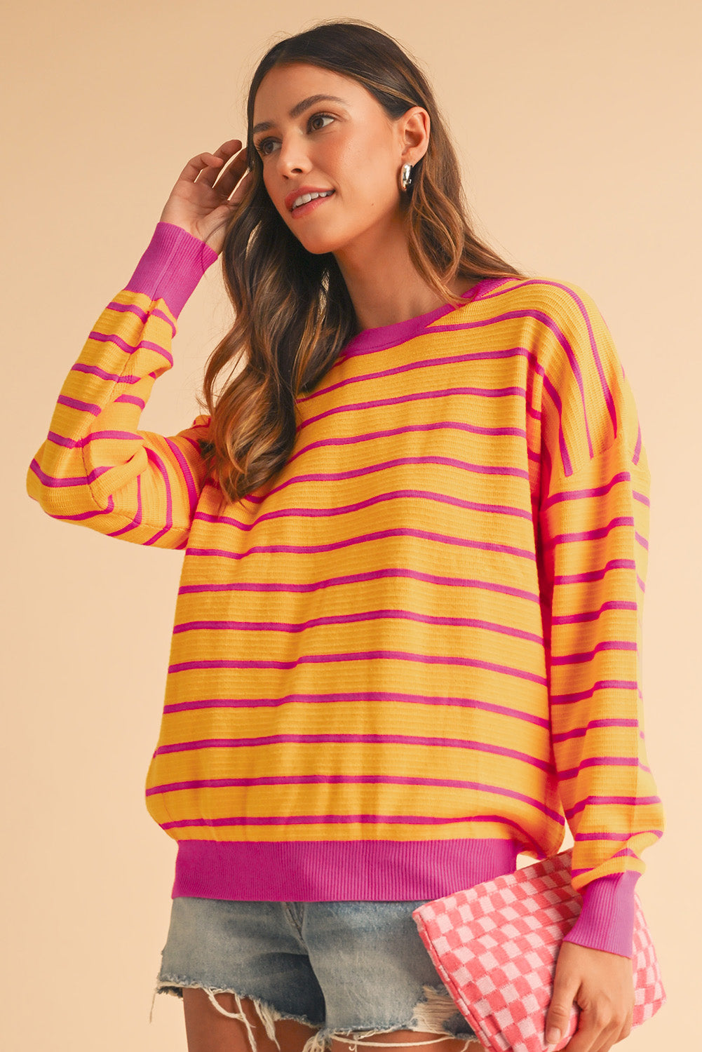 Orange Stripe Round Neck Drop Shoulder Loose Sweater