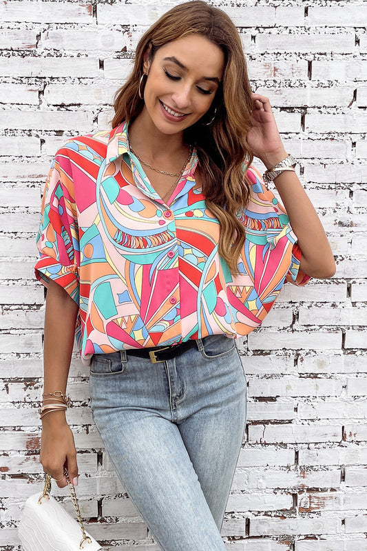 Multicolor Abstract Print Half Batwing Sleeve Loose Shirt