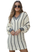 White Contrast V Neck Loose Tunic Sweater