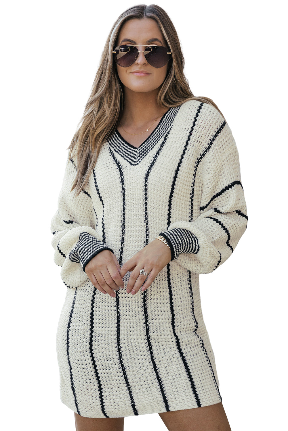 White Contrast V Neck Loose Tunic Sweater