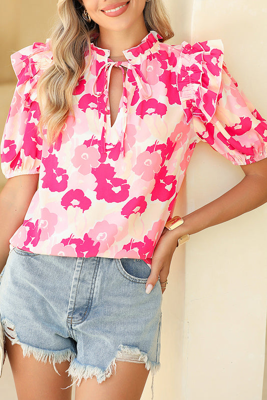 Light Blue Floral Print Frill Neck Striped Ruffle Blouse