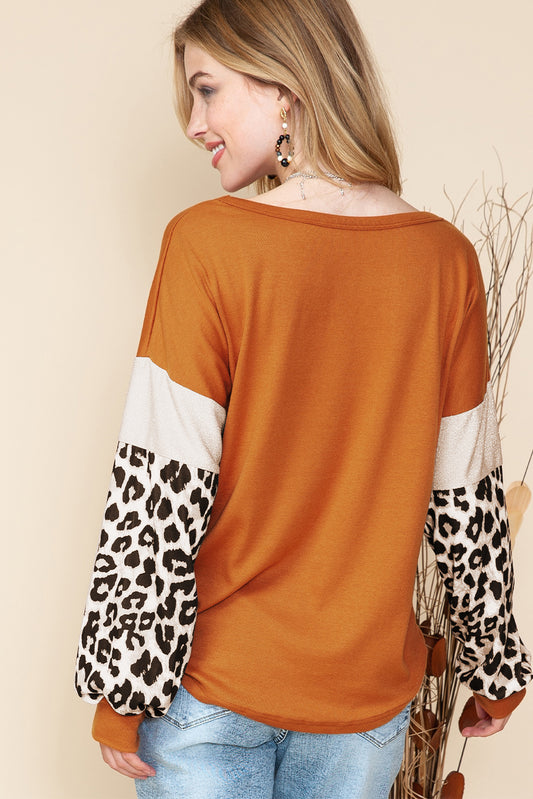 Brown Leopard and Glitter Patchwork Long Sleeve T-Shirt