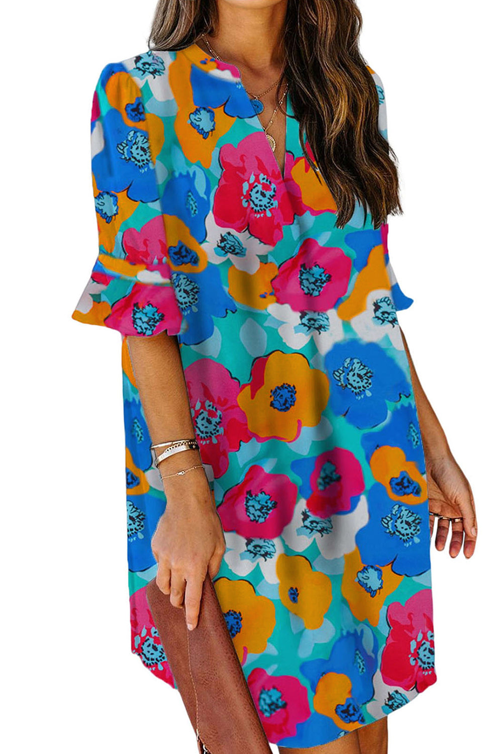 Multicolor Floral Print Mandarin Collar Short Sleeve Tunic Dress