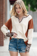 White Leopard Patchwork Notch Neck Thumbhole Long Sleeve Top