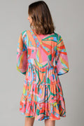 Multicolor Geometric Print Split Neck Ruffle Tiered Short Dress