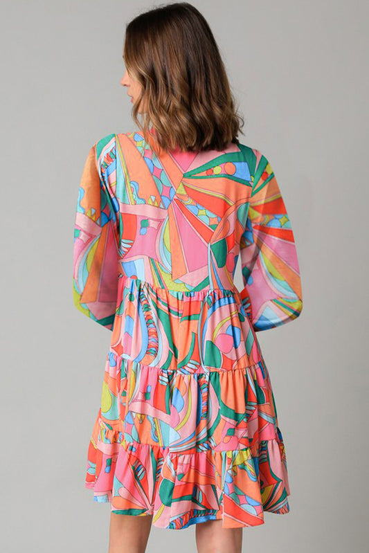 Multicolor Geometric Print Split Neck Ruffle Tiered Short Dress