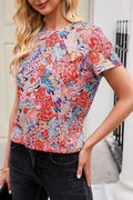 Red Short Sleeve Floral Print T Shirt