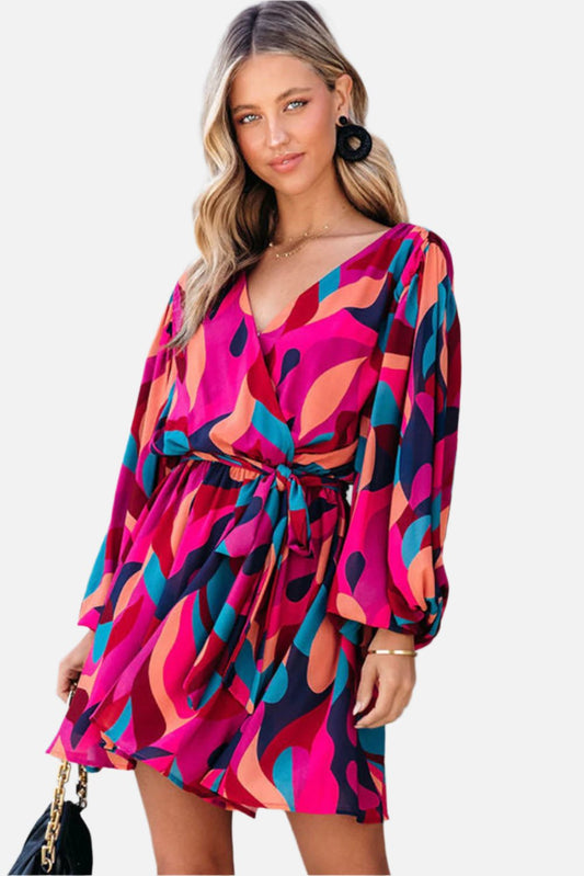 Red Abstract Printed Belted Puff Sleeve Short Dress