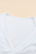 White Basic Cable Crossed V Neck Sweater