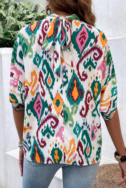 Multicolor Abstract Print Knot Back Half Sleeve Blouse