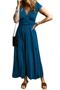 Black Deep V Neck Ruched High Waist Maxi Dress