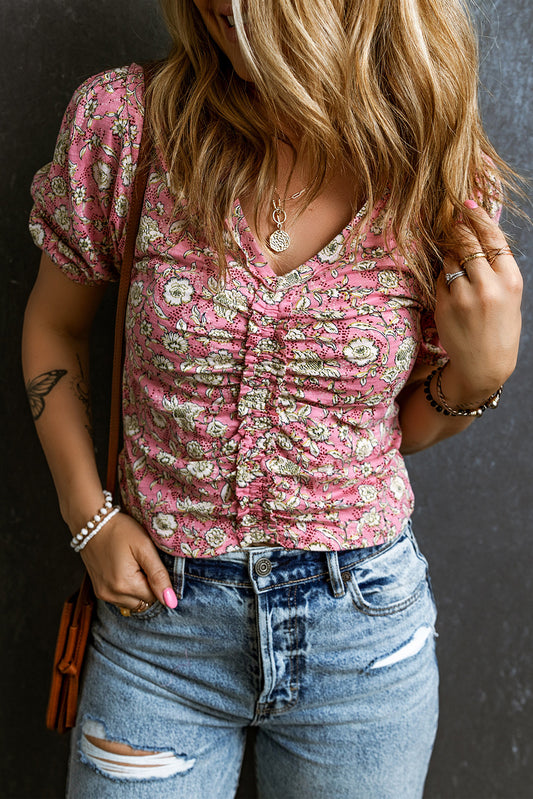 Light Blue Boho Floral Print Ruffle Pleated Summer Top