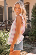 Striped Flutter Sleeve Frilled Neck Casual Sleeveless Shirt