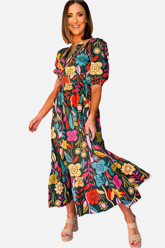 Green Floral Print Split V Neck Puff Sleeve Maxi Dress