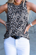 White Cheetah Print Sleeveless Crew Neck Tank Top for Women