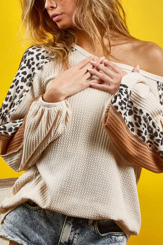 Beige Waffle Knit Leopard Print Pullover Long Sleeve Top