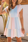 Multicolor Striped Rainbow V Neck Short Sleeve Tiered Dress