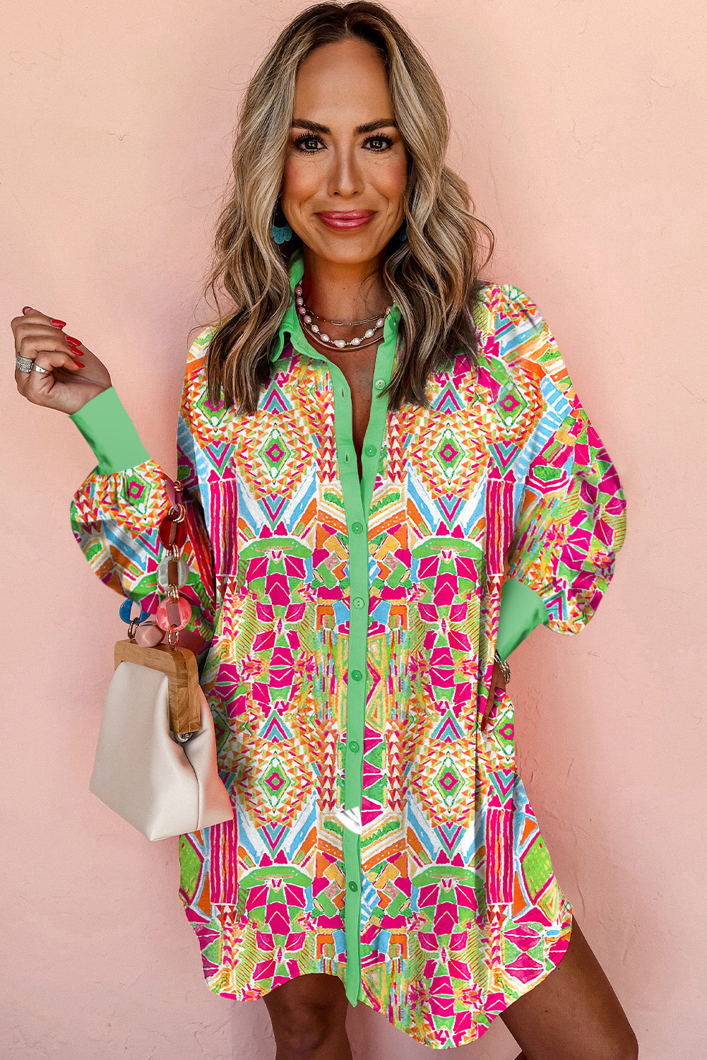 Orange Geometric Print Cuffed Shift Shirt Dress