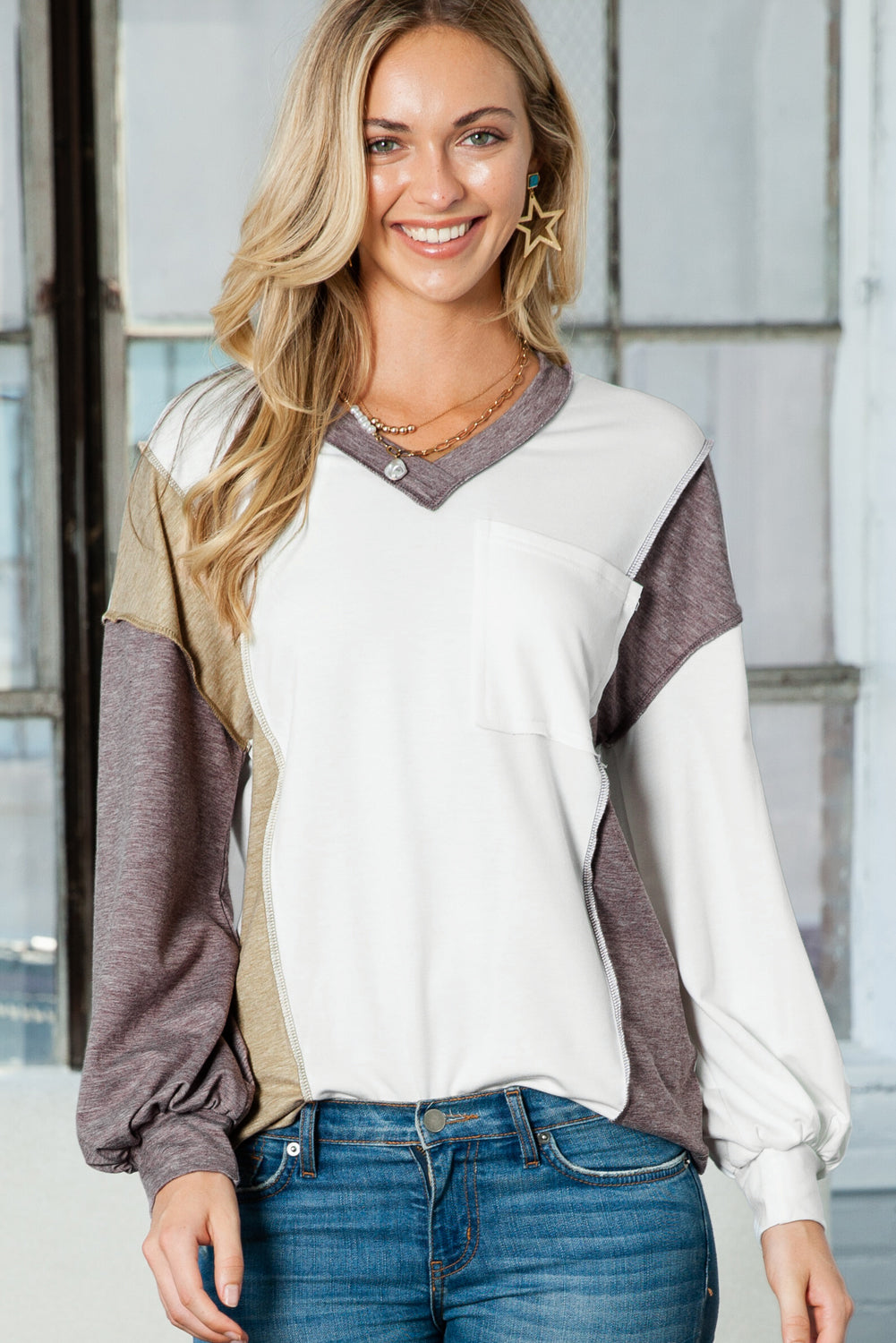 White Color Block Exposed Seam V Neck Long Sleeve Top