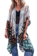 Green Boho Floral Print Irregular Hem Flowy Kimono