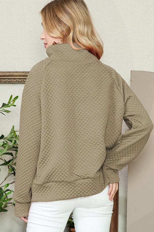 Apricot Quilted Buttoned Neck Pullover Sweatshirt