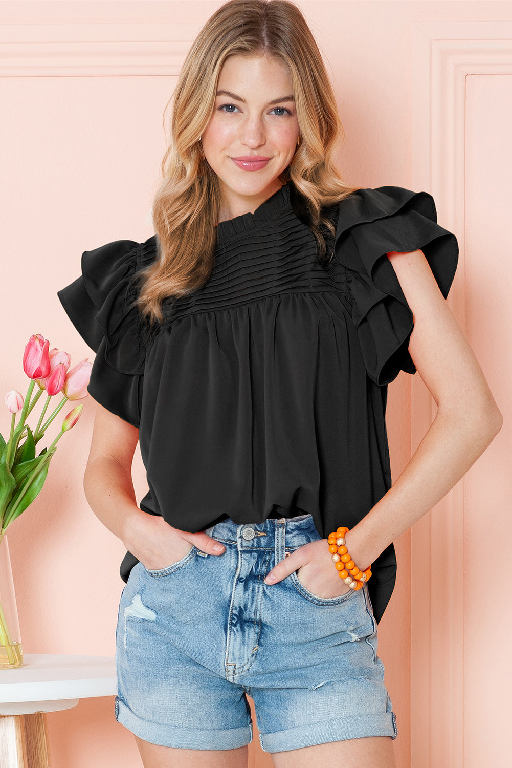 Grapefruit Orange Ruched Frilled Neck Ruffle Blouse