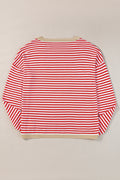 Striped Print Trim Drop Sleeve Knit Pullover Sweater