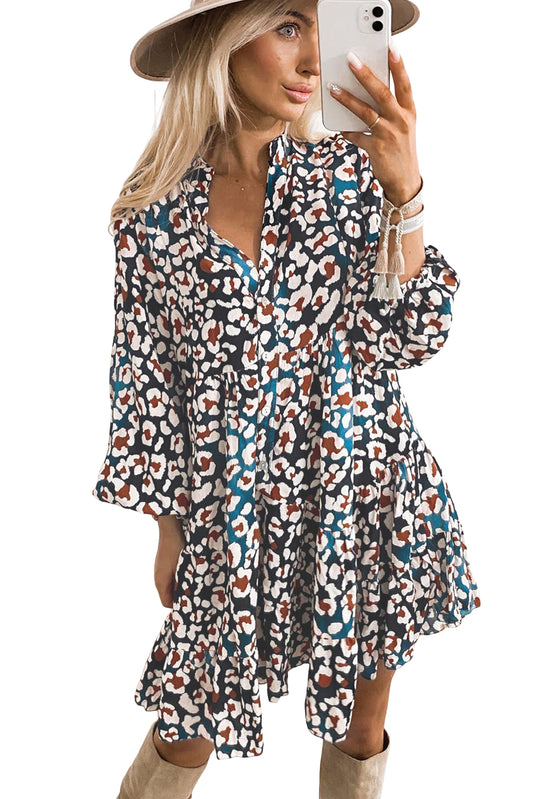 Blue Leopard Print Bubble Sleeve Ruffled Shirt Dress