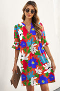 Multicolor Floral Print Mandarin Collar Short Sleeve Tunic Dress