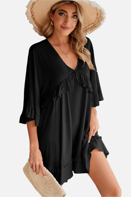 Black Ruffled 3/4 Sleeve V Neck Babydoll Short Dress