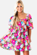 Rose Floral Print Square Neck Short Puff Sleeve Dress