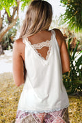 White Lace Splicing Trim Flared Sleeveless Shirt