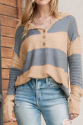 Khaki Colorblock Ribbed Contrast Trim Henley Sweater