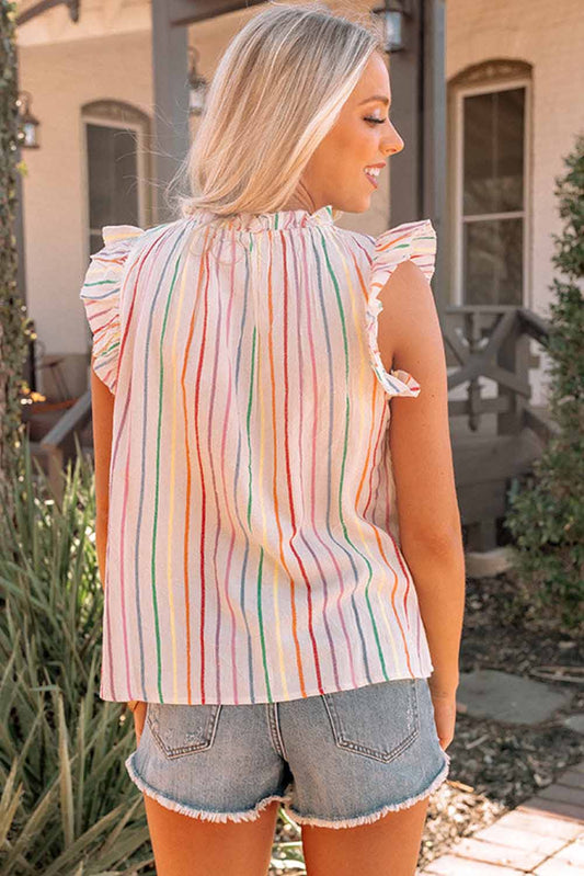 Striped Flutter Sleeve Frilled Neck Casual Sleeveless Shirt