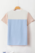 Black Rib Textured Colorblock Round Neck T Shirt