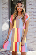 Multicolor Striped Rainbow V Neck Short Sleeve Tiered Dress