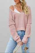 Apricot Solid Color Waffle Knit V Neck Sweater