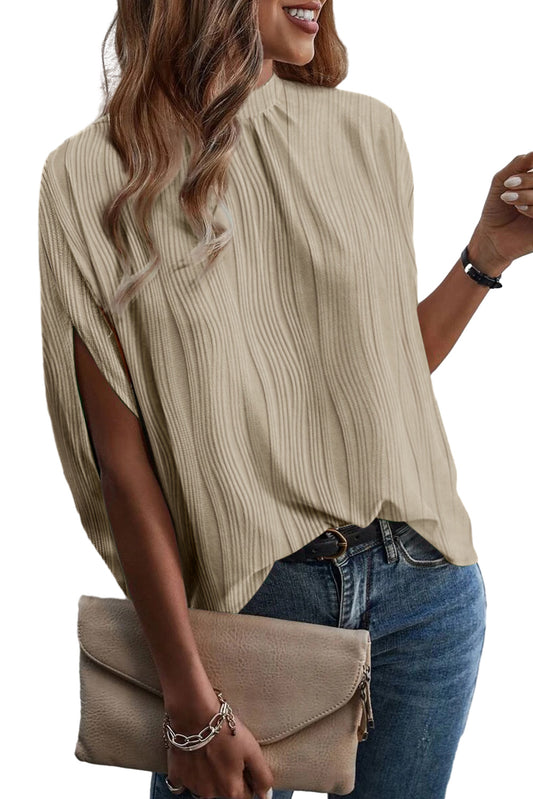 White Textured Batwing Sleeve Mock Neck Blouse