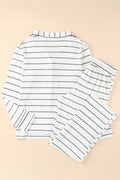 White Striped Print Long Sleeve Top & Drawstring Pants Pajamas Set