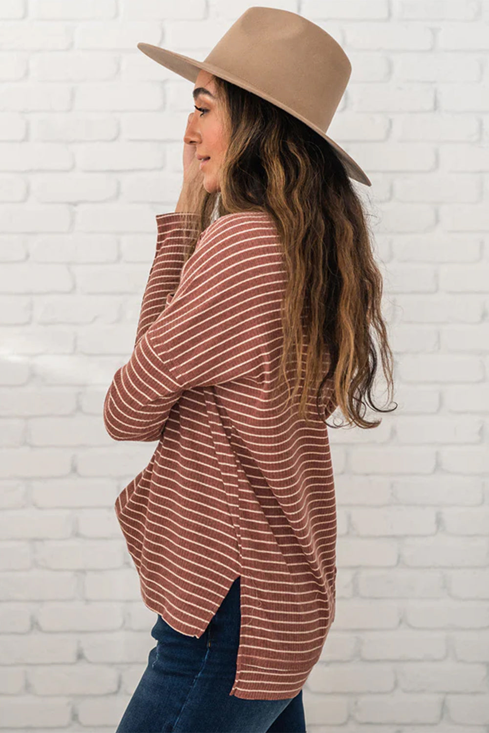 Stripe Side Slits Stitching Long Sleeve Top