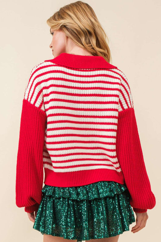 Red Striped V Neck Collar Drop Sleeve Sweater