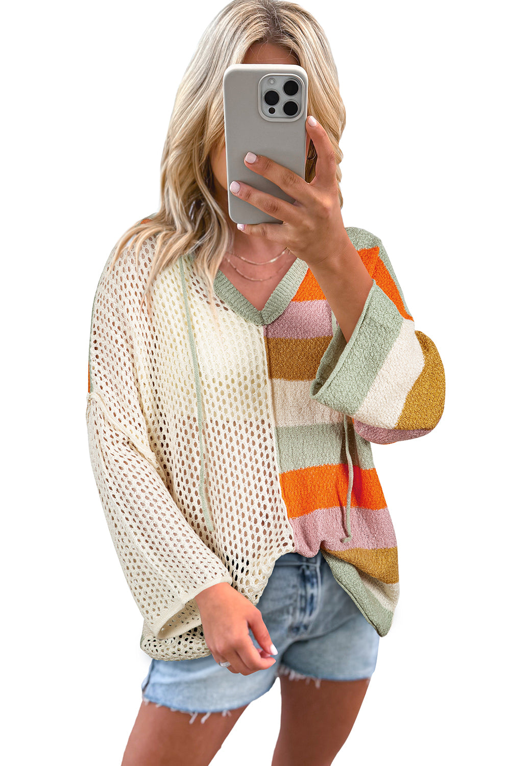 Beige Oversized Colorblock V Neck Hooded Sweater