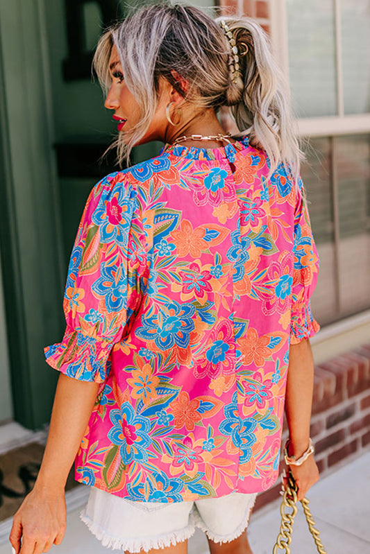 Rose Frill Neck Puff Sleeve Boho Floral Blouse