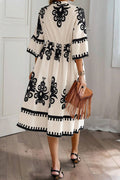 Black Ethnic Print 3/4 Sleeve Loose Midi Dress